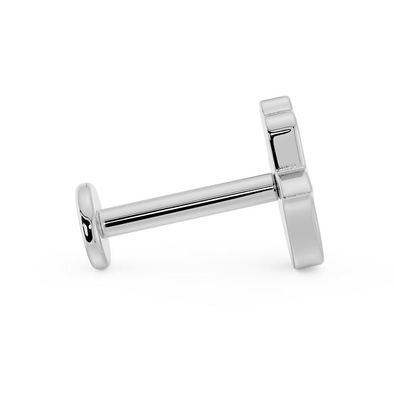 Side profile of 14k white gold flat back labret post showing barbell length and flat disc backing