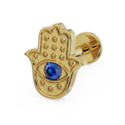 14k yellow gold hamsa evil eye flat back earring with sapphire, angled view showing post and flat back