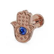 14k rose gold hamsa evil eye flat back earring with sapphire, right-facing angled view with post visible