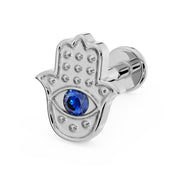 14k white gold hamsa evil eye flat back earring with sapphire, angled view showing post and flat back