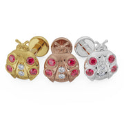 Ladybug diamond flat back earring in all three metal options: 14K yellow, rose, and white gold side by side