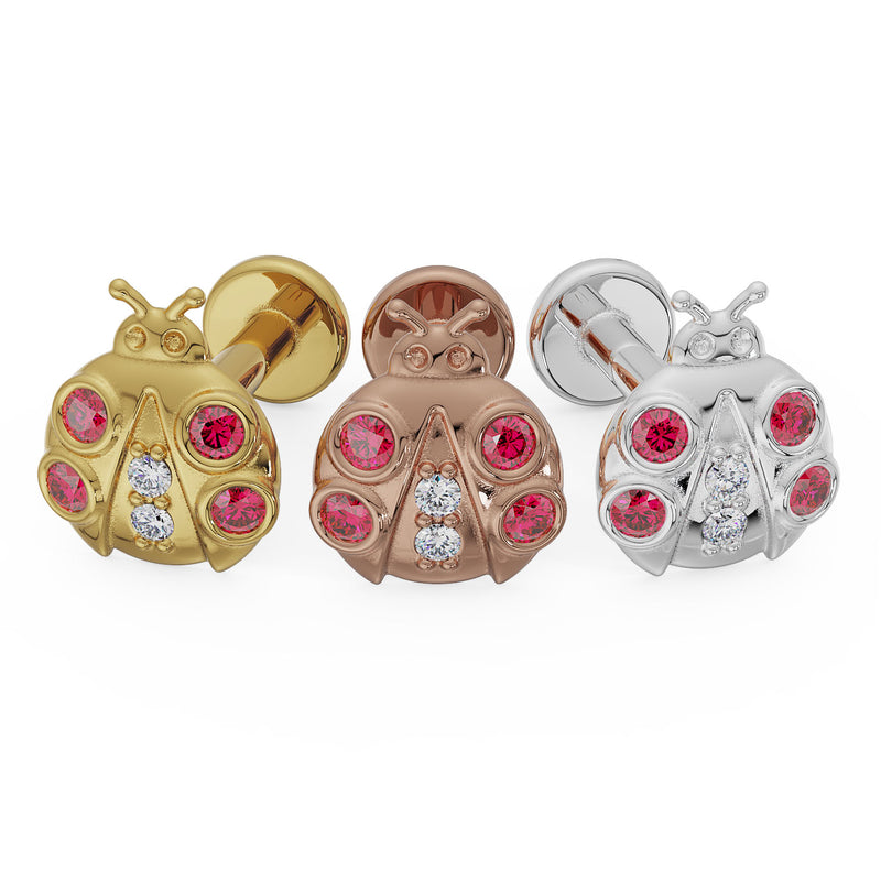 Ladybug diamond flat back earring in all three metal options: 14K yellow, rose, and white gold side by side