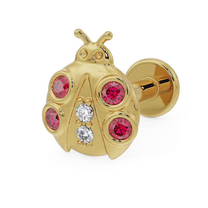 14K yellow gold ladybug flat back earring with garnet and diamond accents, angled view showing flat back disc