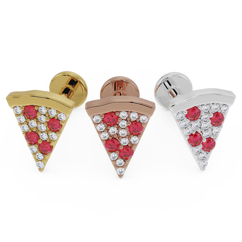 Pizza diamond flat back labret in all three metal options: 14K yellow gold, rose gold, and white gold