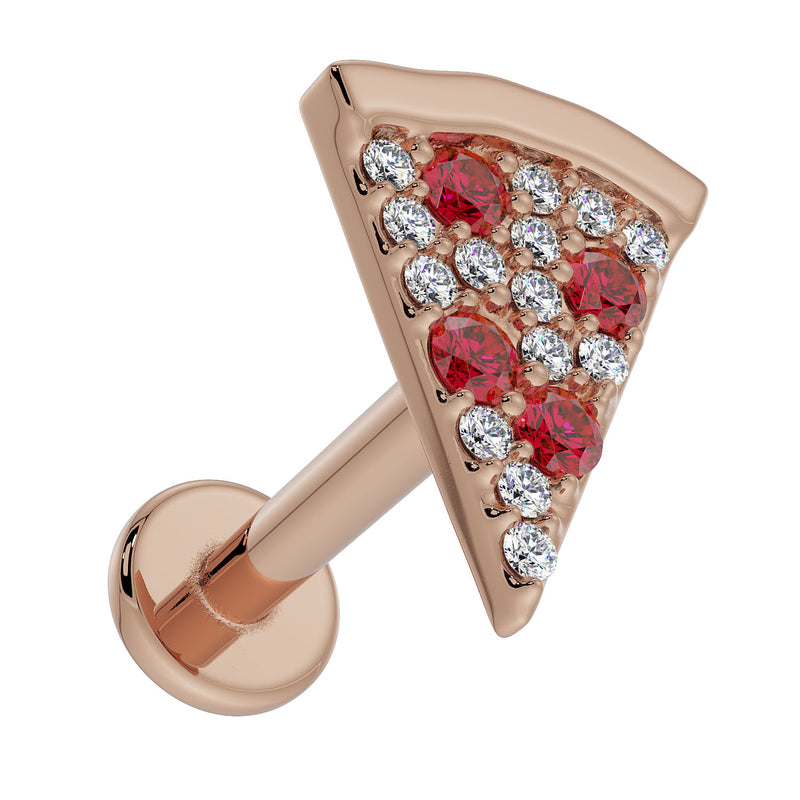 14K rose gold pizza labret showing full post length and flat back disc from angled side perspective