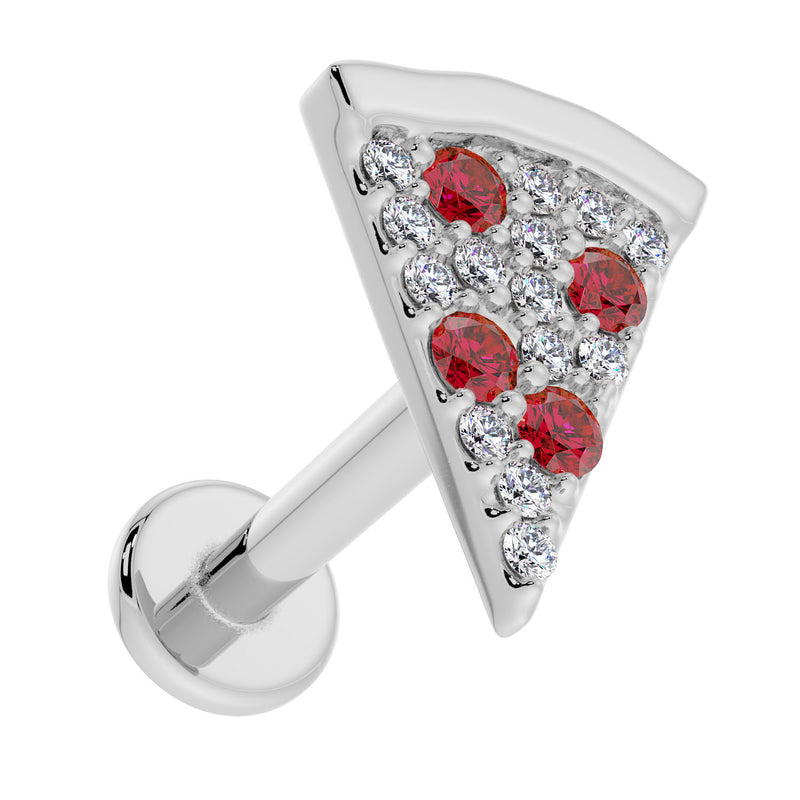 14K white gold pizza labret showing full post length and flat back disc from angled side perspective