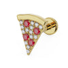 14K yellow gold pepperoni pizza flat back labret with garnet and diamond stones, angled side view