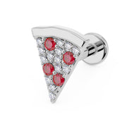 14K white gold pepperoni pizza flat back labret with garnet and diamond stones, angled side view