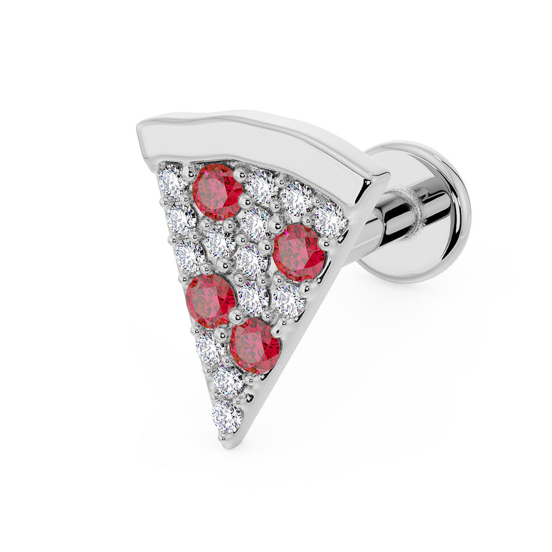 14K white gold pepperoni pizza flat back labret with garnet and diamond stones, angled side view