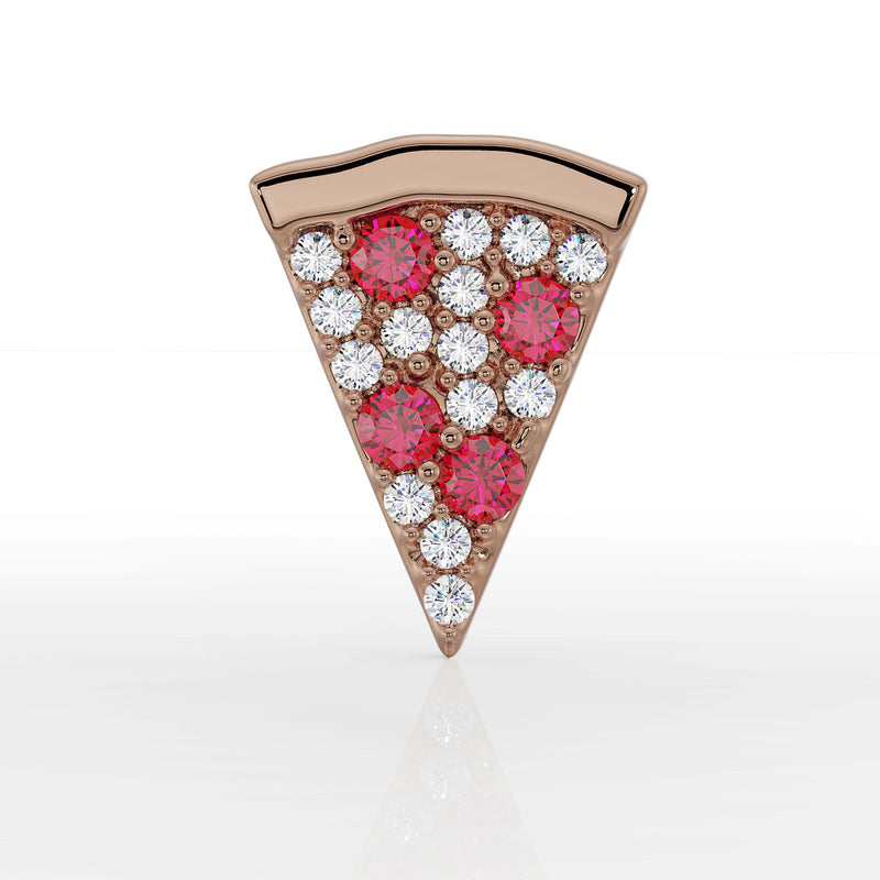 14K rose gold pepperoni pizza labret top front view showing garnet and diamond stone detail