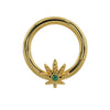 14K yellow gold seamless hoop with emerald pot leaf charm, front view of polished ring