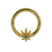 14K yellow gold seamless hoop with emerald pot leaf charm, front view of polished ring