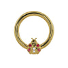 14K yellow gold ladybug seam ring with garnet and diamond stones, front view