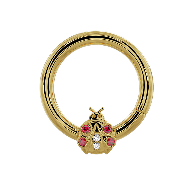 14K yellow gold ladybug seam ring with garnet and diamond stones, front view