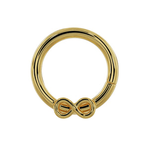 14K yellow gold infinity symbol seam ring hoop, front view showing polished finish