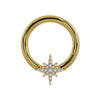 14K yellow gold north star diamond seam ring hoop, front view with pave diamond star charm