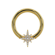 14K yellow gold north star diamond seam ring hoop, front view with pave diamond star charm