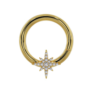 14K yellow gold north star diamond seam ring hoop, front view with pave diamond star charm