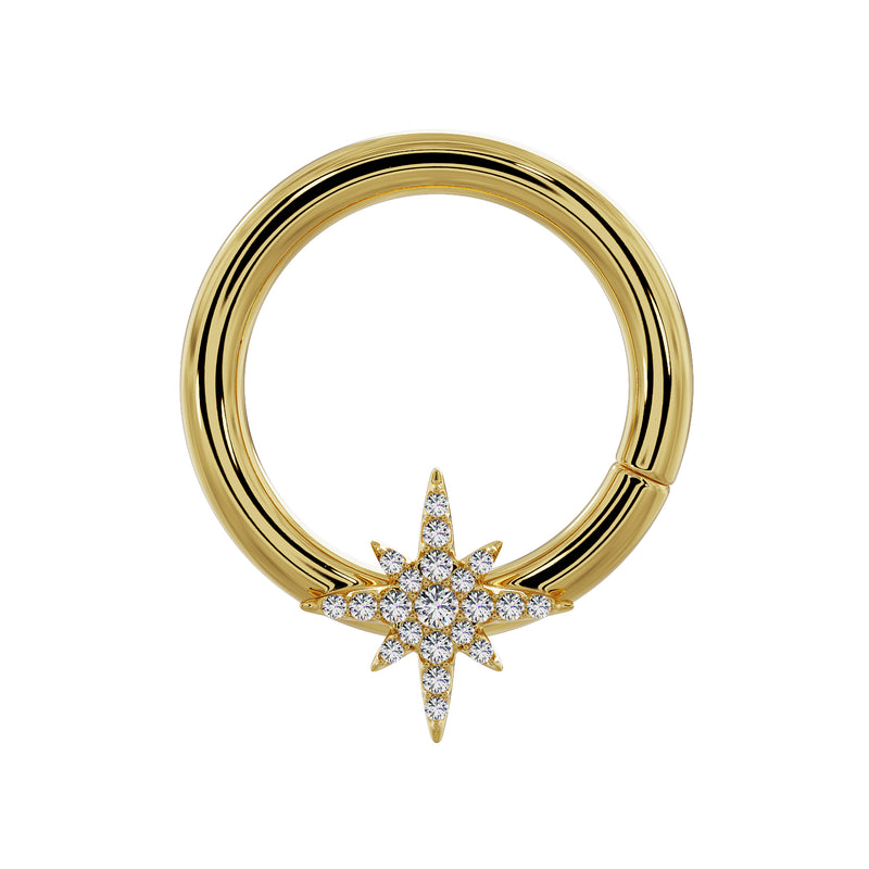 14K yellow gold north star diamond seam ring hoop, front view with pave diamond star charm
