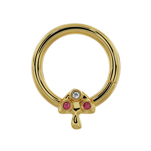 14K yellow gold mushroom seamless ring with diamond cap and two ruby bezel stones, front view