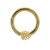 14K yellow gold monstera leaf seam ring hoop, front view showing textured leaf charm detail