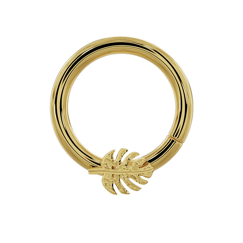 14K yellow gold monstera leaf seam ring hoop, front view showing textured leaf charm detail