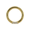 14K yellow gold diamond bar seam ring hoop with three round diamonds, front view