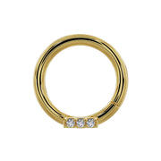 14K yellow gold diamond bar seam ring hoop with three round diamonds, front view