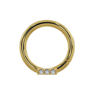 14K yellow gold diamond bar seam ring hoop with three round diamonds, front view