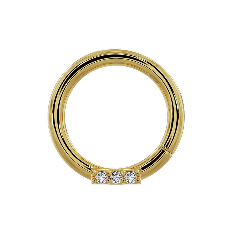 14K yellow gold diamond bar seam ring hoop with three round diamonds, front view