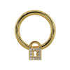 14k yellow gold diamond lock seam ring hoop, front view with padlock charm and keyhole detail