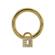 14k yellow gold diamond lock seam ring hoop, front view with padlock charm and keyhole detail