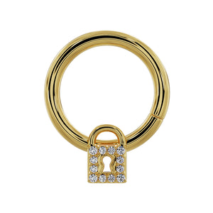 14k yellow gold diamond lock seam ring hoop, front view with padlock charm and keyhole detail