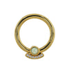 14K yellow gold UFO seam ring with white opal and seven diamonds, front view