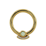 14K yellow gold UFO seam ring with white opal and seven diamonds, front view