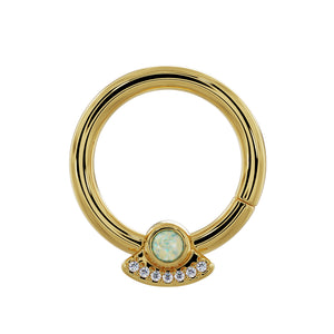 14K yellow gold UFO seam ring with white opal and seven diamonds, front view