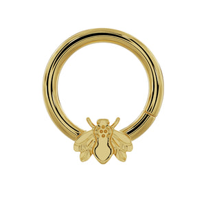 14K yellow gold bee seam ring hoop, front view showing detailed bee charm with wings