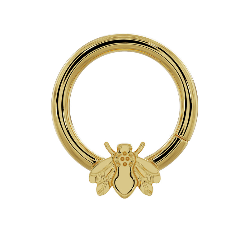 14K yellow gold bee seam ring hoop, front view showing detailed bee charm with wings