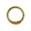 14K yellow gold feather seam ring hoop, front view showing detailed barb engraving