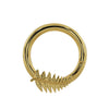 14K yellow gold fern leaf seam ring hoop, front view showing detailed vein texture