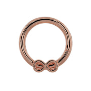 14K rose gold infinity symbol seam ring hoop, front view showing warm pink tone