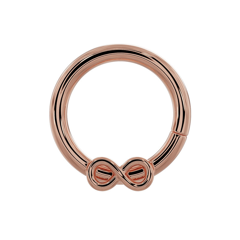 14K rose gold infinity symbol seam ring hoop, front view showing warm pink tone