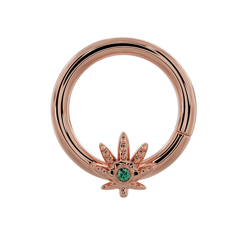 14K rose gold seamless hoop with emerald cannabis leaf charm, front view