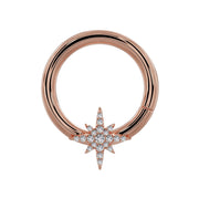 14K rose gold north star diamond seam ring hoop, front view with pave diamond star charm