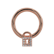 14k rose gold diamond lock seam ring hoop, front view with pave diamond padlock charm