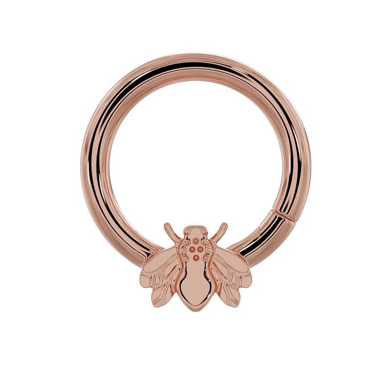 14K rose gold bee seam ring hoop, front view with detailed bee charm and polished finish