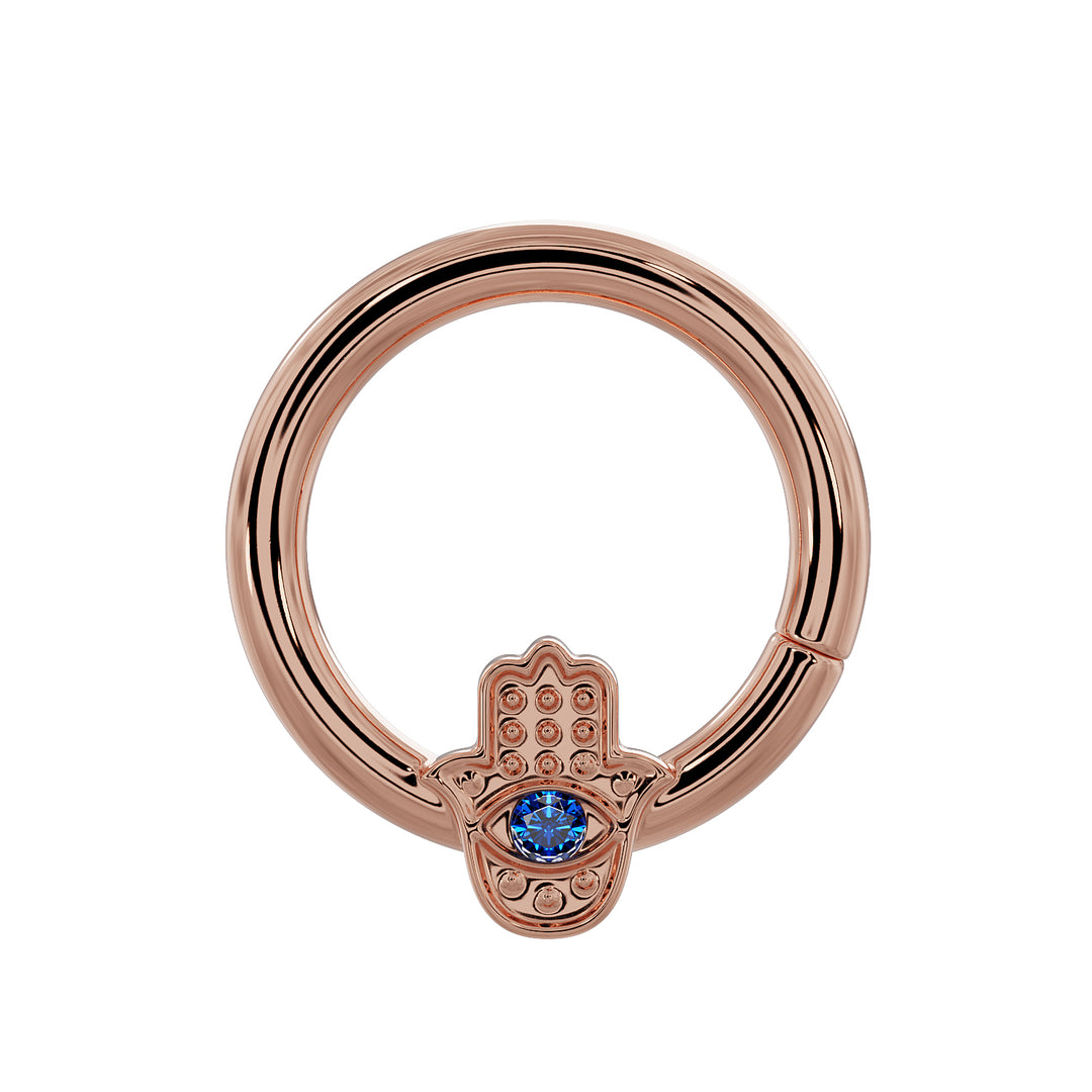 Hamsa with Sapphire Evil Eye 14K Gold Seam Ring Hoop