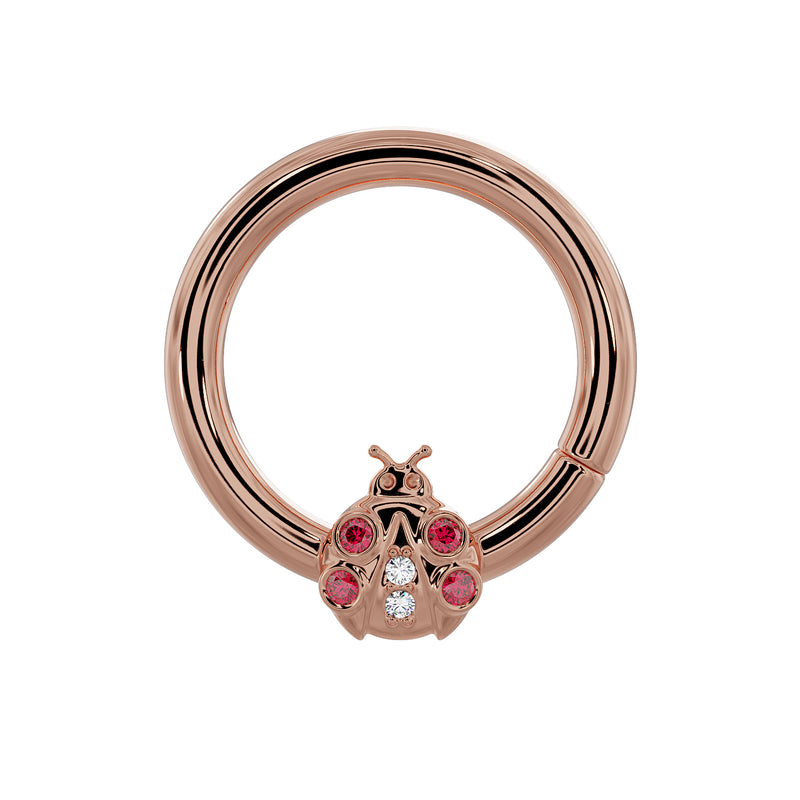 14K rose gold ladybug seam ring with garnet and diamond stones, front view