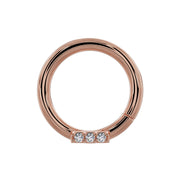 14K rose gold trinity diamond bar seam ring with three round diamonds, front view
