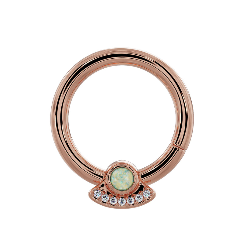 14K rose gold UFO seam ring with white opal center and seven-diamond arc, front view